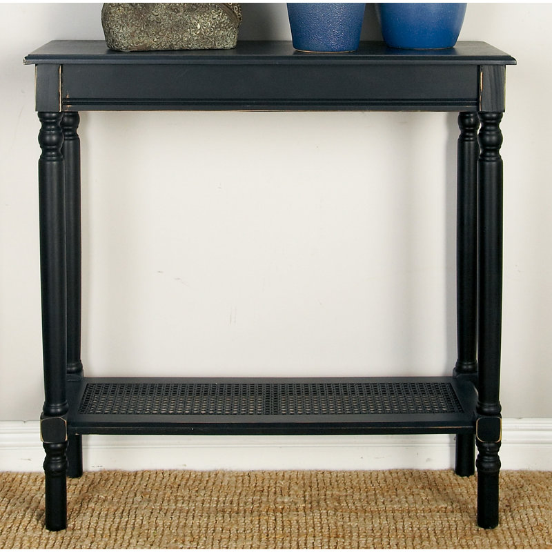 Black Wood Console Table with Glass Shelf and Storage
