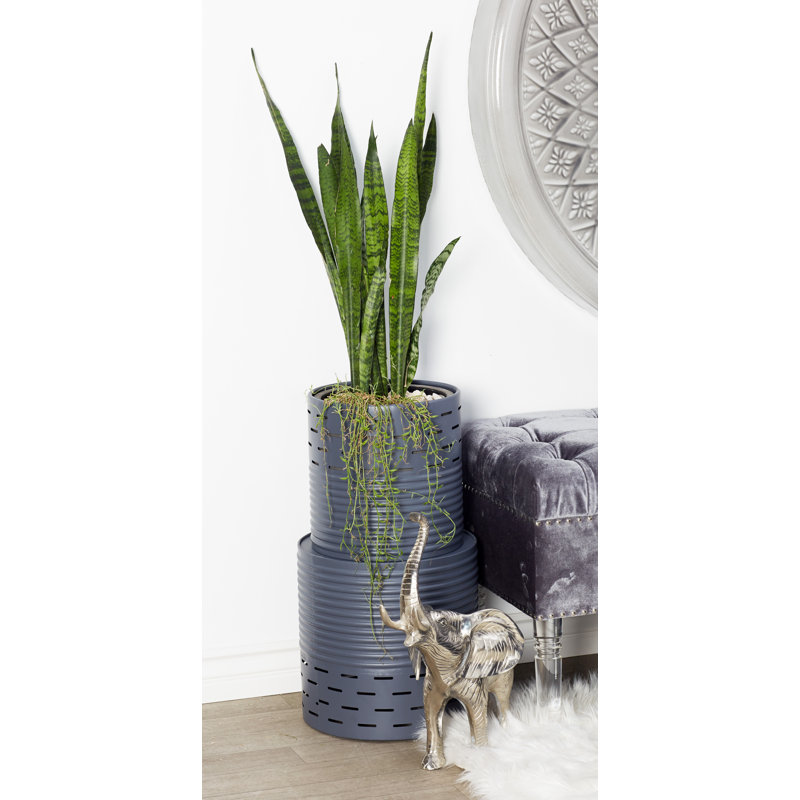 Acres 13" Black Iron Cylindrical Planter with Linear Cutouts