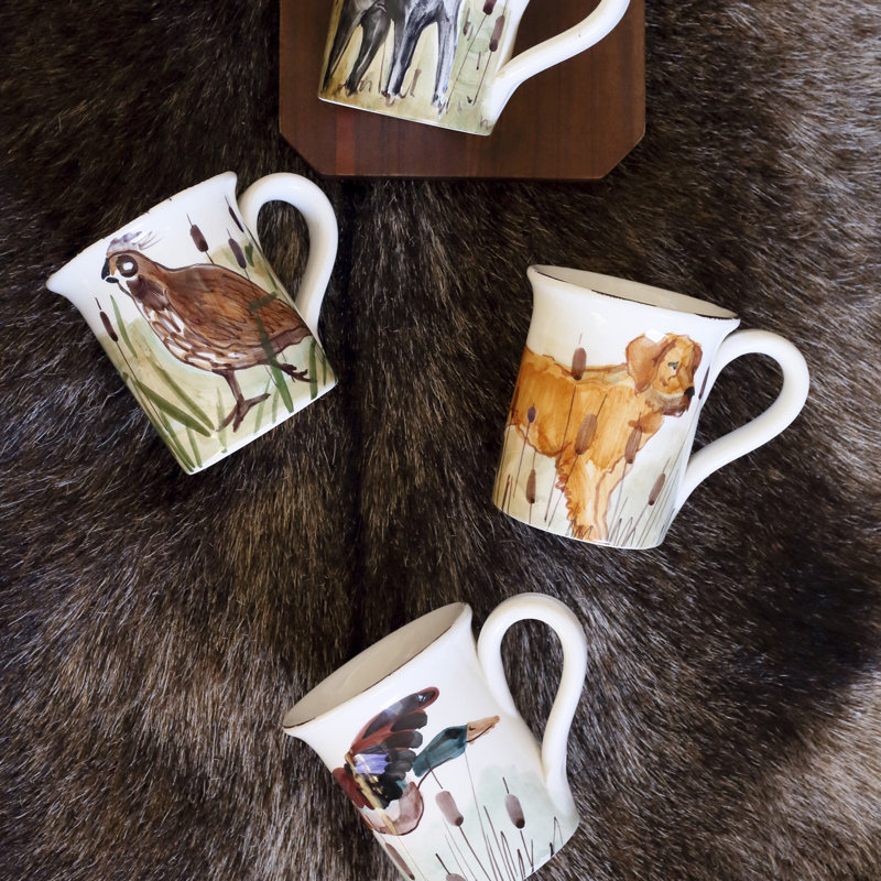 Handpainted White Ceramic Winter Mug with Hunting Dog Design
