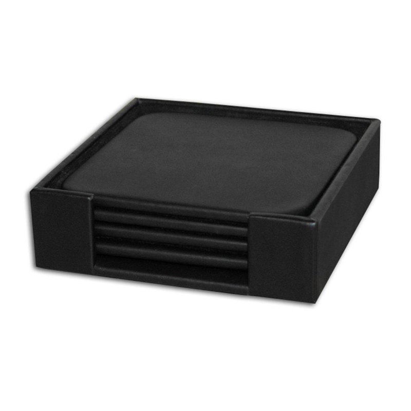 Black Faux Leather Square Coaster Set with Holder