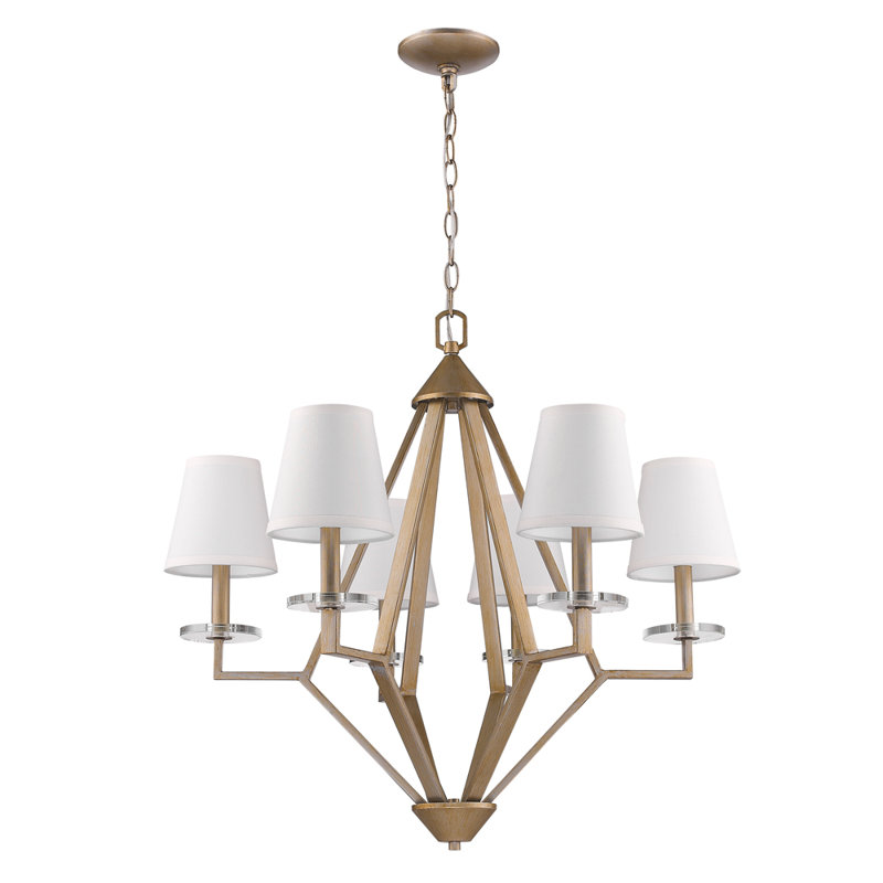 Gold and Crystal Geometric 6-Light Chandelier with White Shades