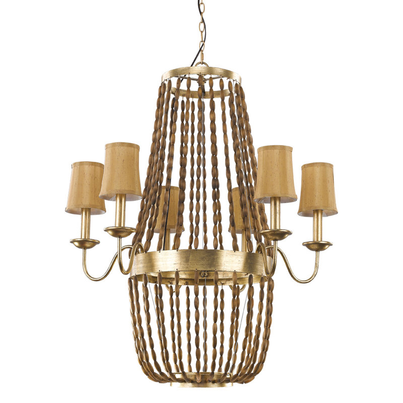Gold Beaded 6-Light Empire Chandelier with Fabric Shades