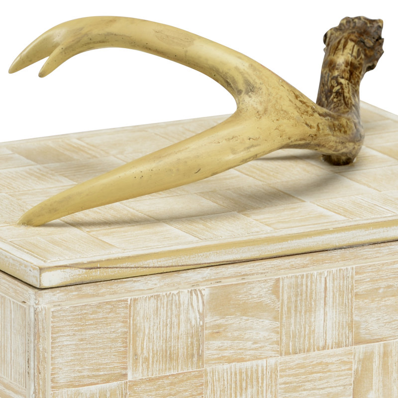 Whitewashed Rustic Antler Wooden Lidded Box 6.5" x 10.25"
