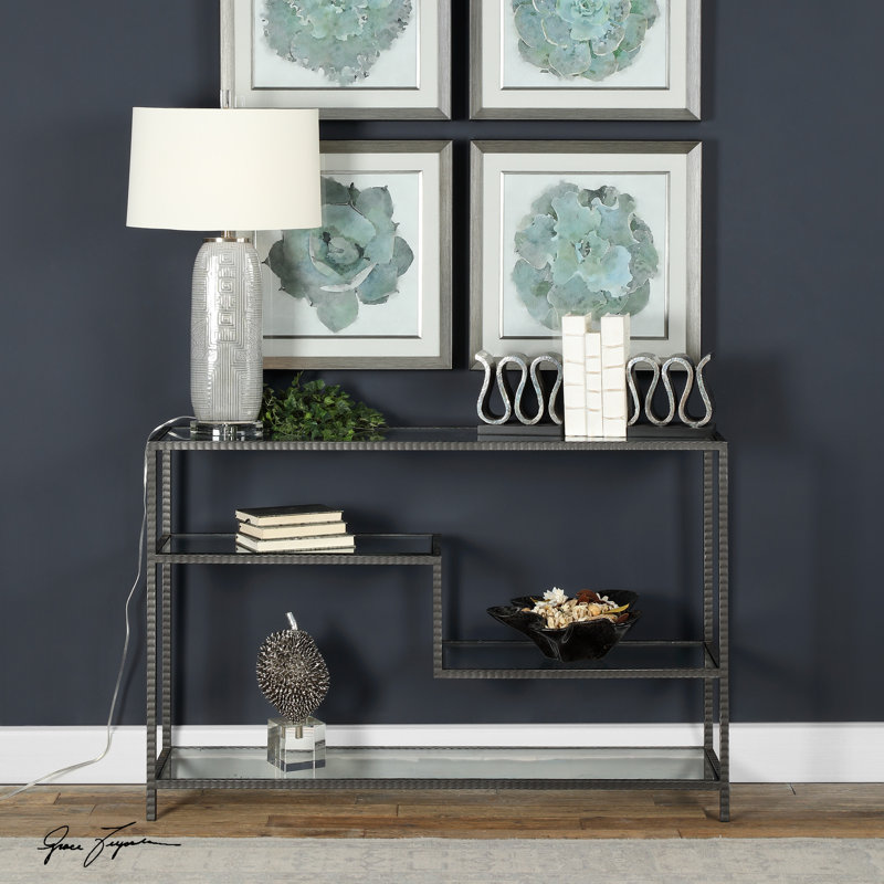 Industrial Gunmetal Gray Iron and Glass Console Table with Storage