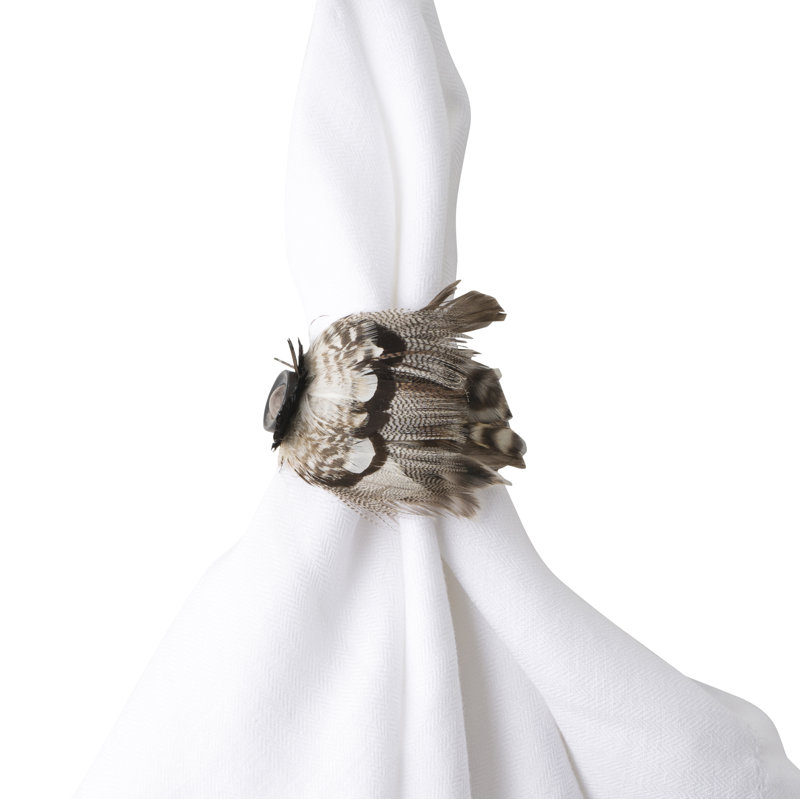Elegant Espresso Feather Napkin Ring with Natural Plumage