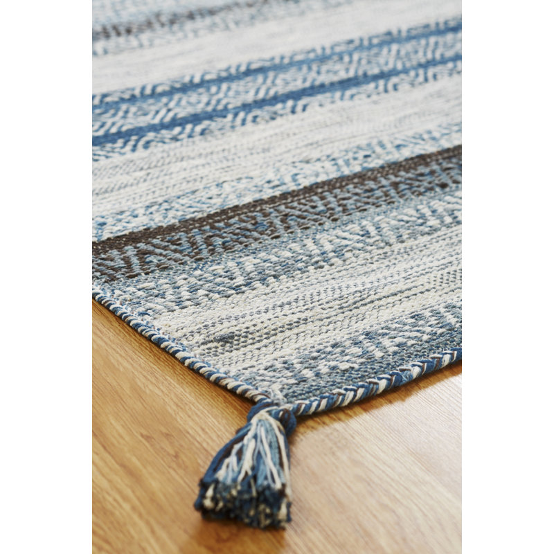 Handmade Turquoise and Gray Cotton Chenille Striped Area Rug