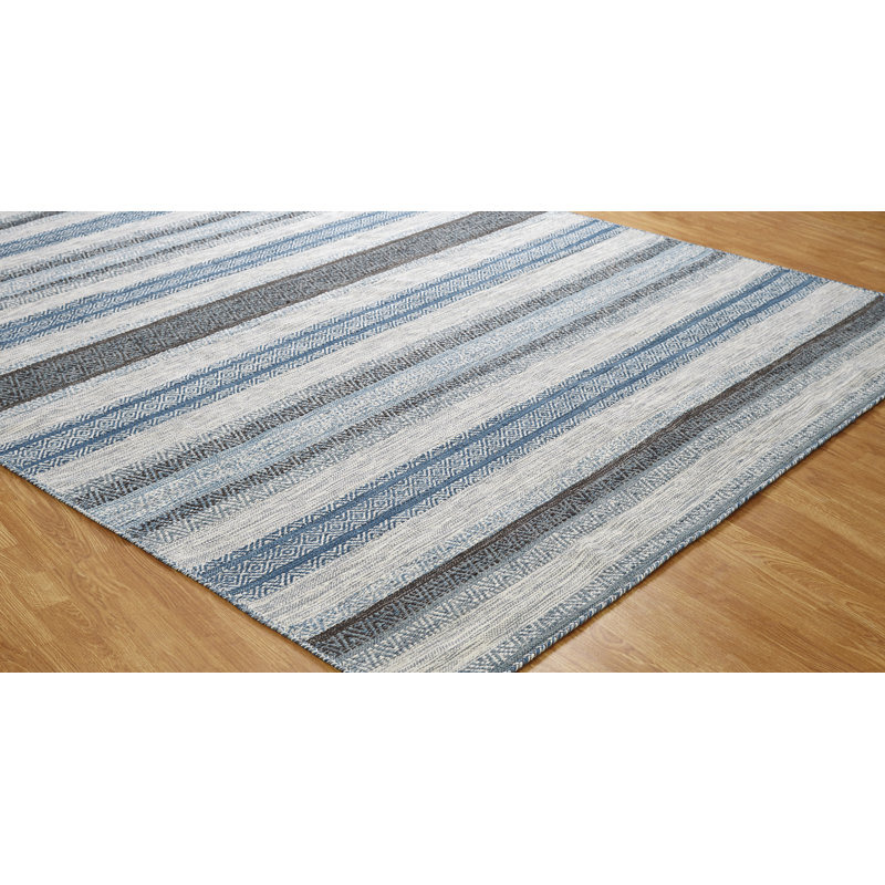 Handmade Turquoise and Gray Cotton Chenille Striped Area Rug
