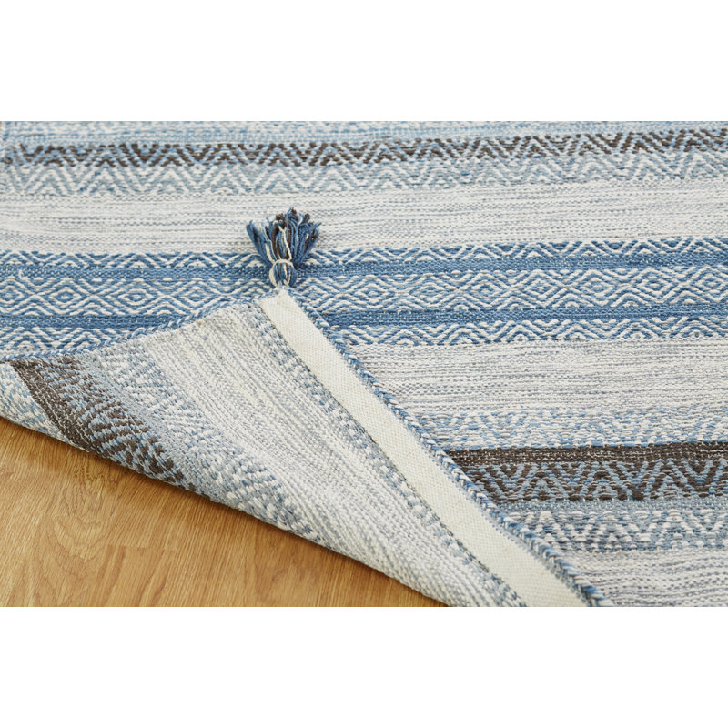 Handmade Turquoise and Gray Cotton Chenille Striped Area Rug