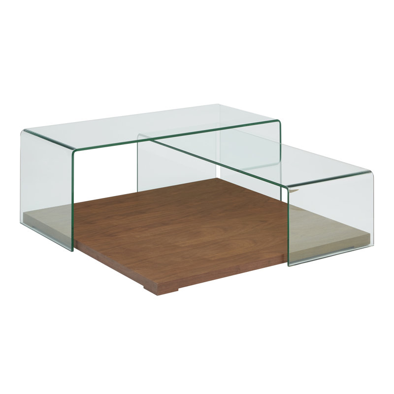 Kinetic Walnut Veneer Square Coffee Table with Clear Glass