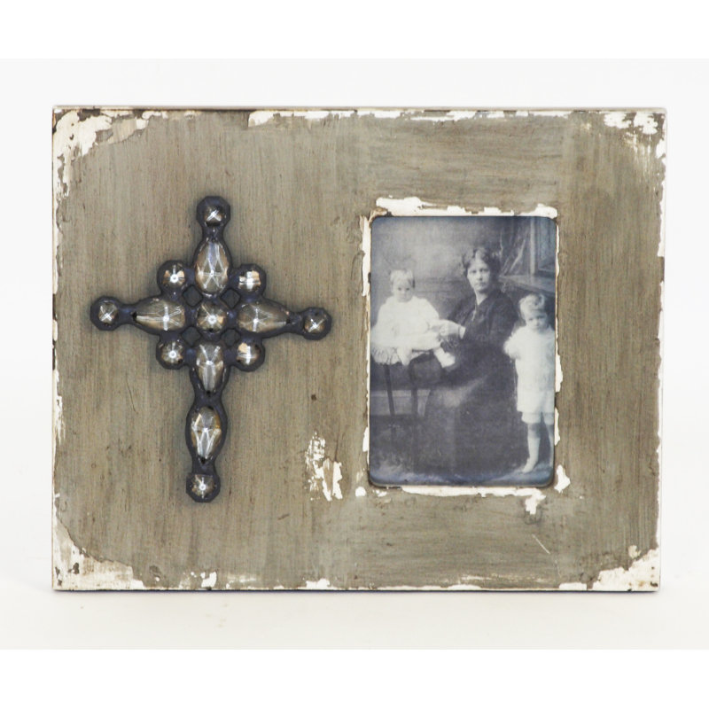 Gray Beaded Wood Horizontal Picture Frame with Jeweled Cross