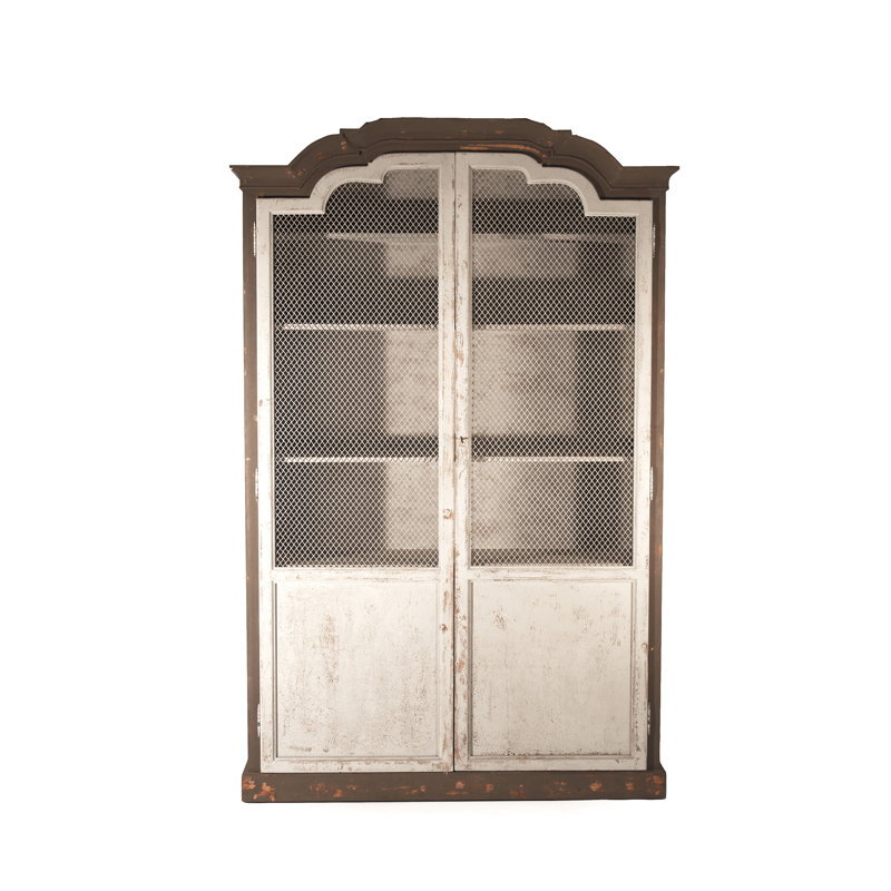 Distressed Brown and Antique Off-White Pine China Cabinet