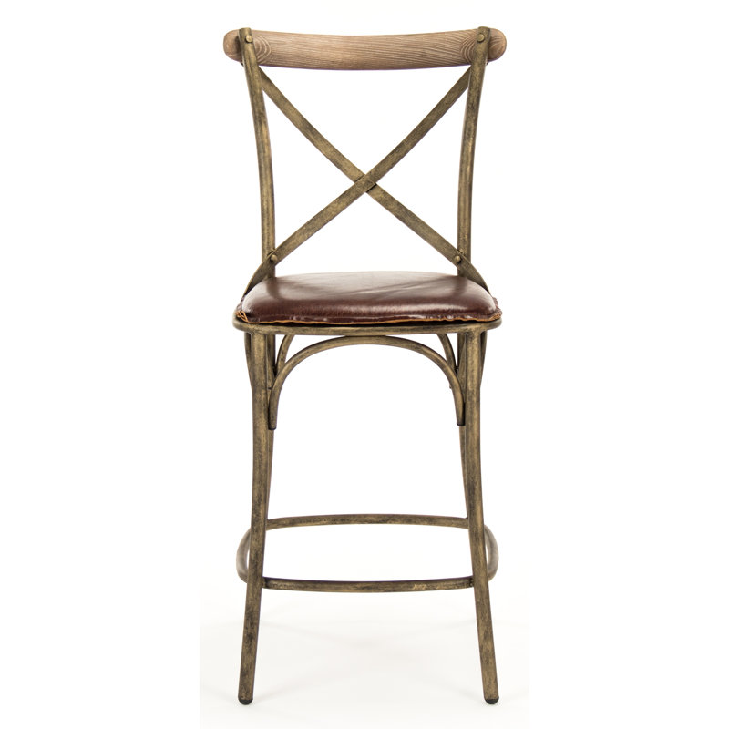Adjustable Iron-Base Counter Stool in Black Leather and Weathered Bronze
