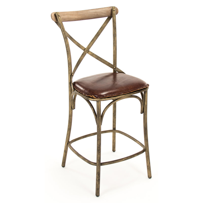 Adjustable Iron-Base Counter Stool in Black Leather and Weathered Bronze