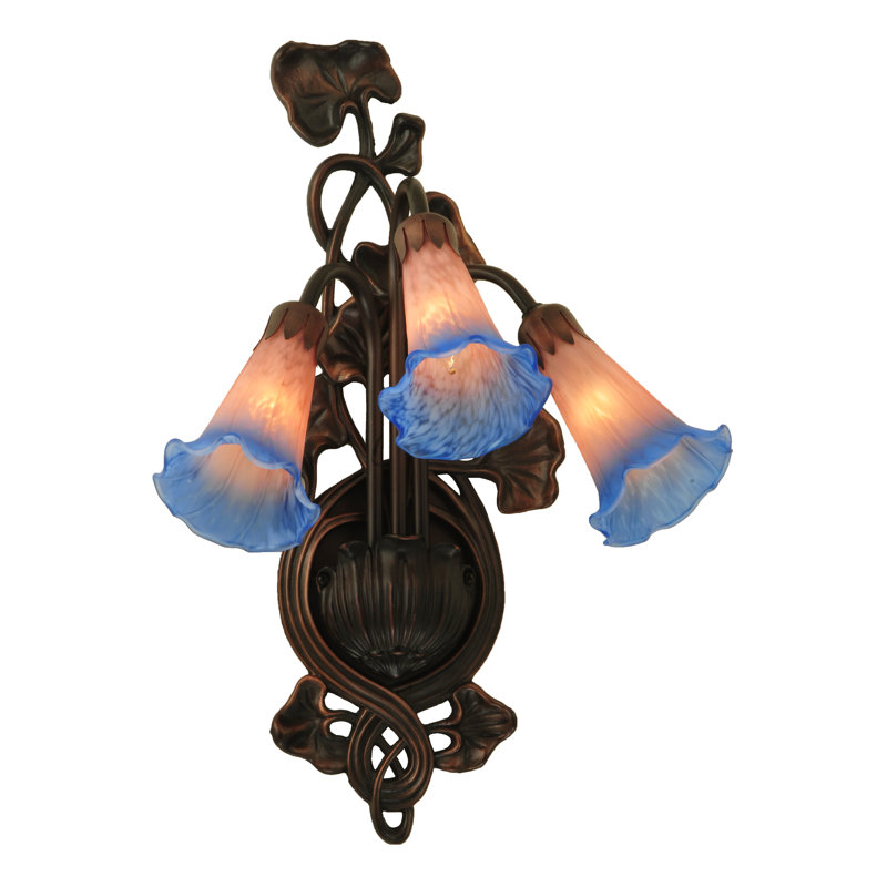 Bronze 3-Light Wall Sconce with Pink/Blue Lily Shades