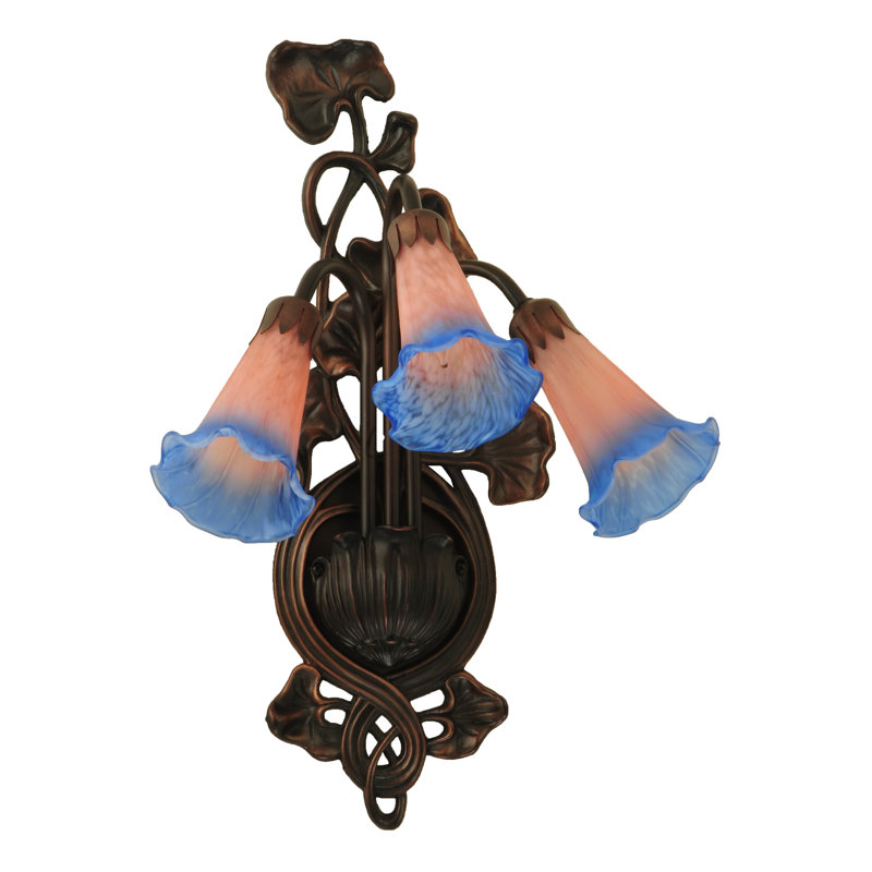 Bronze 3-Light Wall Sconce with Pink/Blue Lily Shades