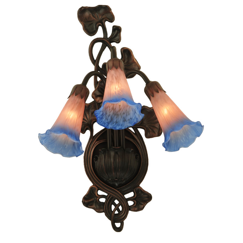 Bronze 3-Light Wall Sconce with Pink/Blue Lily Shades