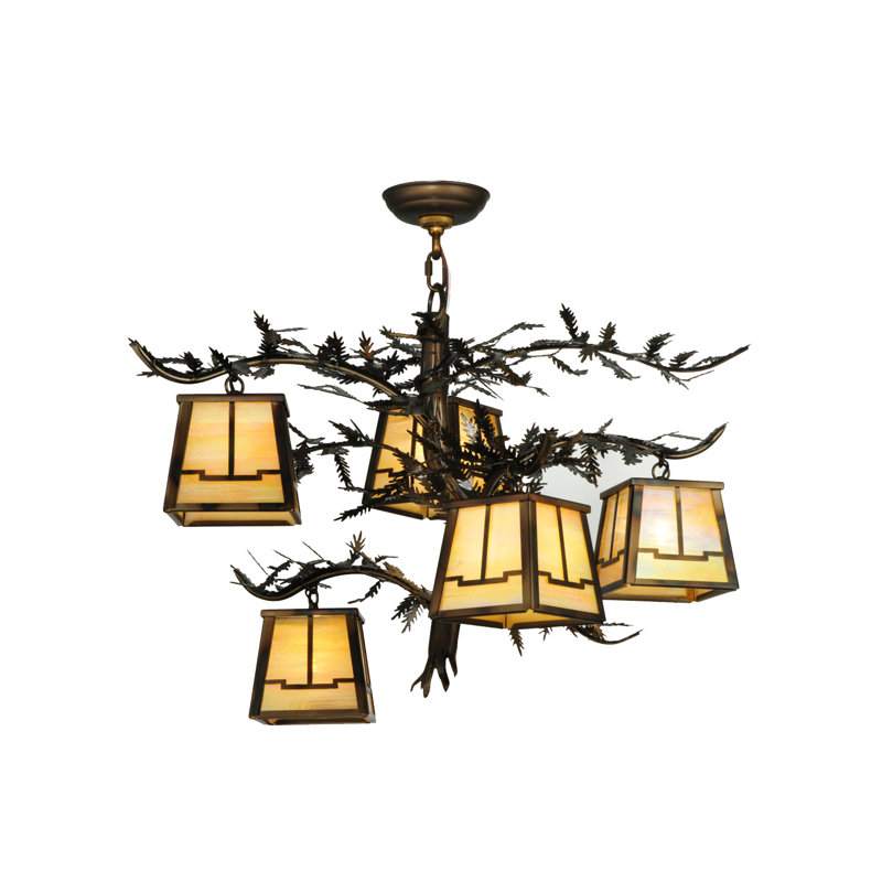 Rustic Pine Branch 5-Light Chandelier with Glass Shades