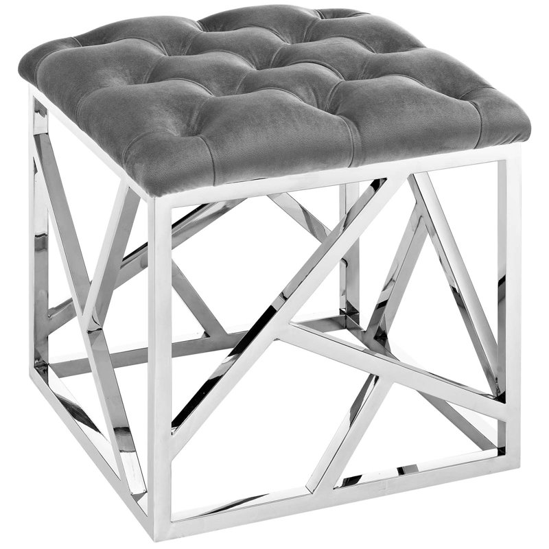 Elegant Silver Tufted Velvet Footstool with Stainless Steel Base