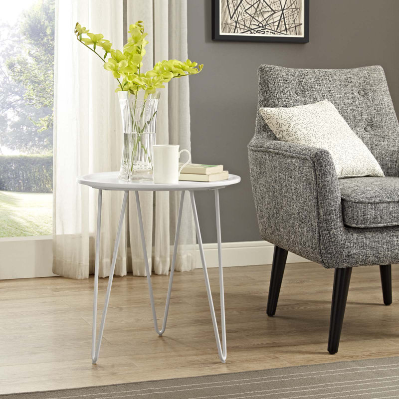White Round Wood and Metal Hairpin Leg Side Table