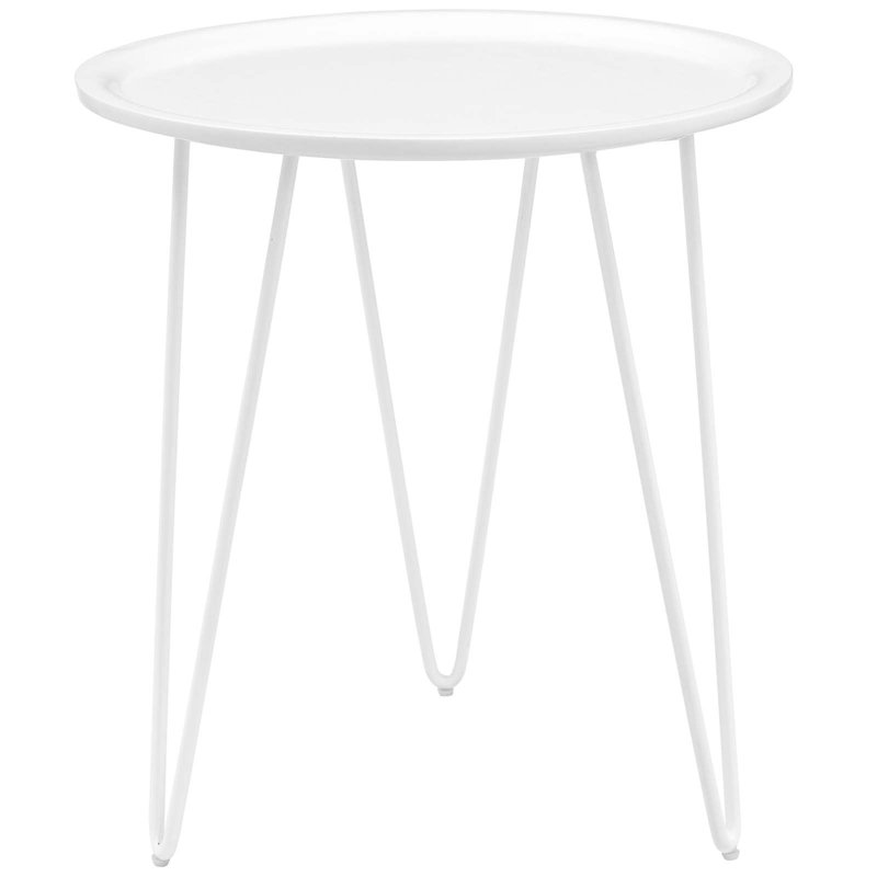 White Round Wood and Metal Hairpin Leg Side Table