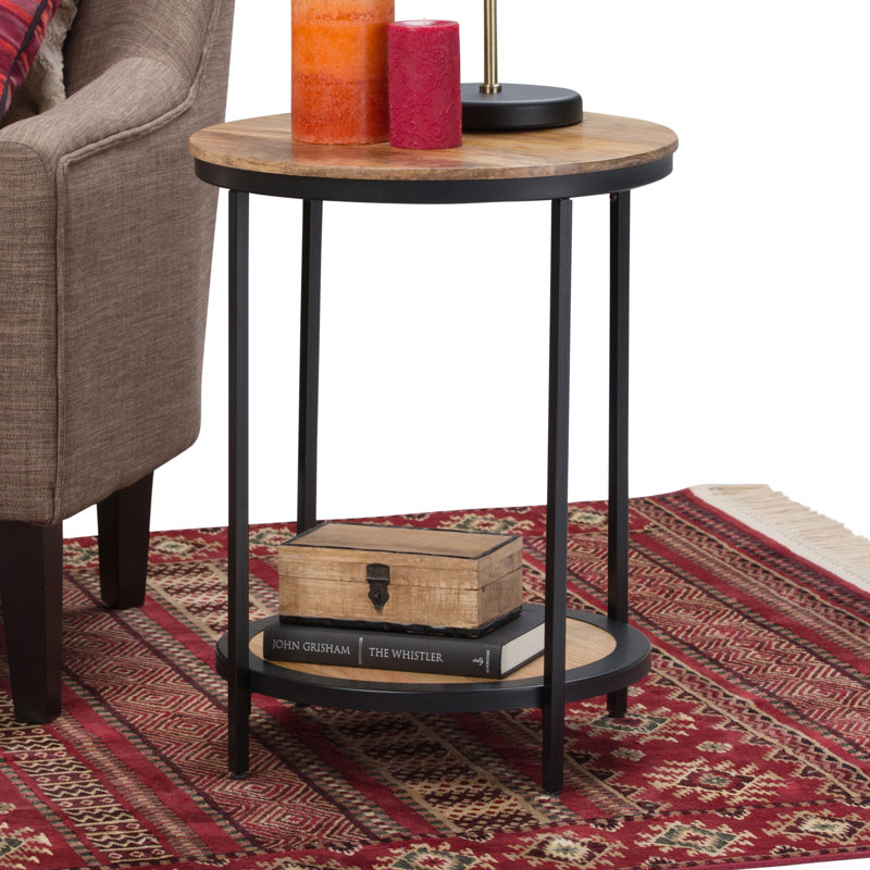 Simpli Home 18.5" Black Metal and Natural Wood Round Side Table