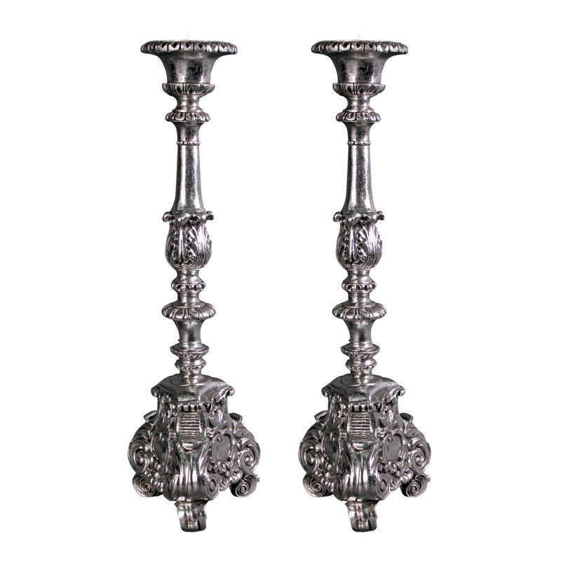 Elegant Baroque Scroll-Footed Silver Leaf Resin Candlesticks, Set of 2