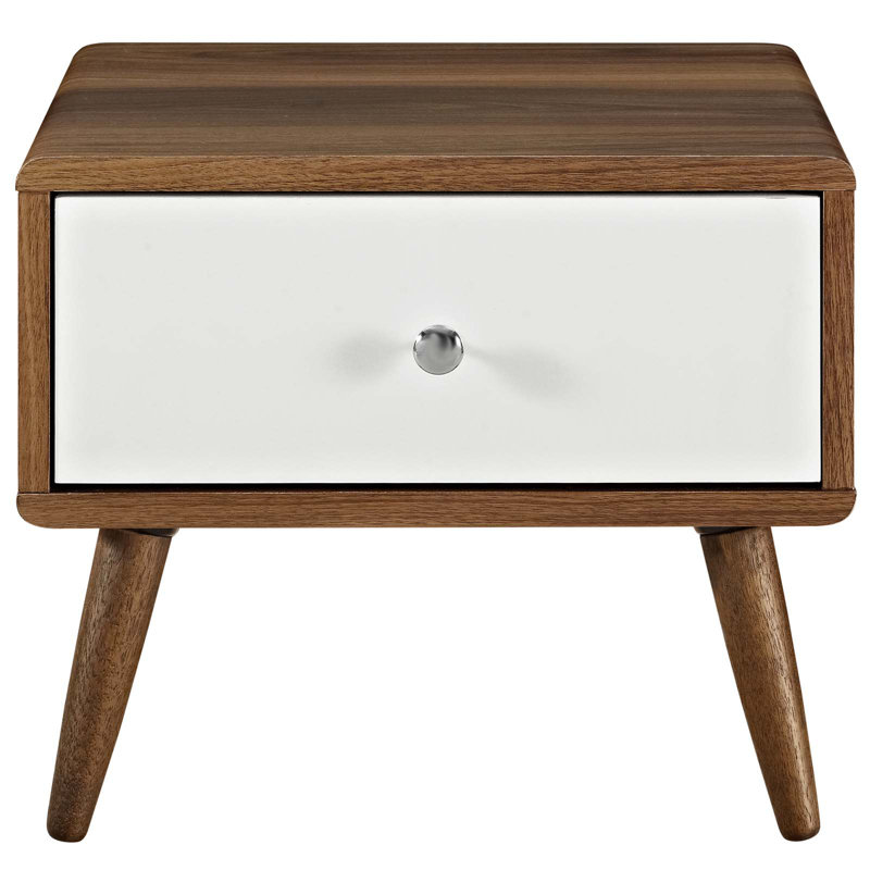 Mid-Century Walnut White Nightstand with Full-Extension Drawer