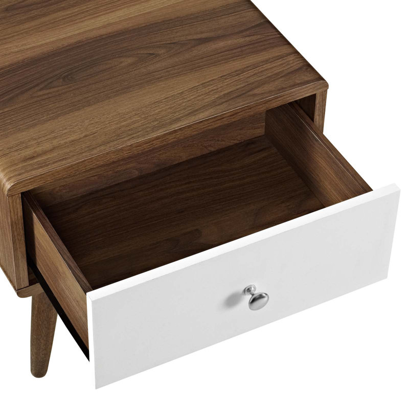 Mid-Century Walnut White Nightstand with Full-Extension Drawer