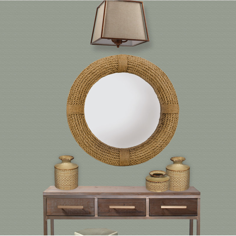Coastal Charm Wood and Rope 37" Round Wall Mirror