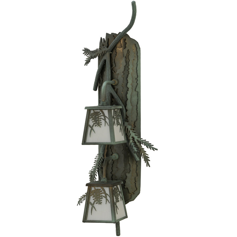 Beige Art Glass Pinecone 2-Light Lantern Sconce in Antique Copper