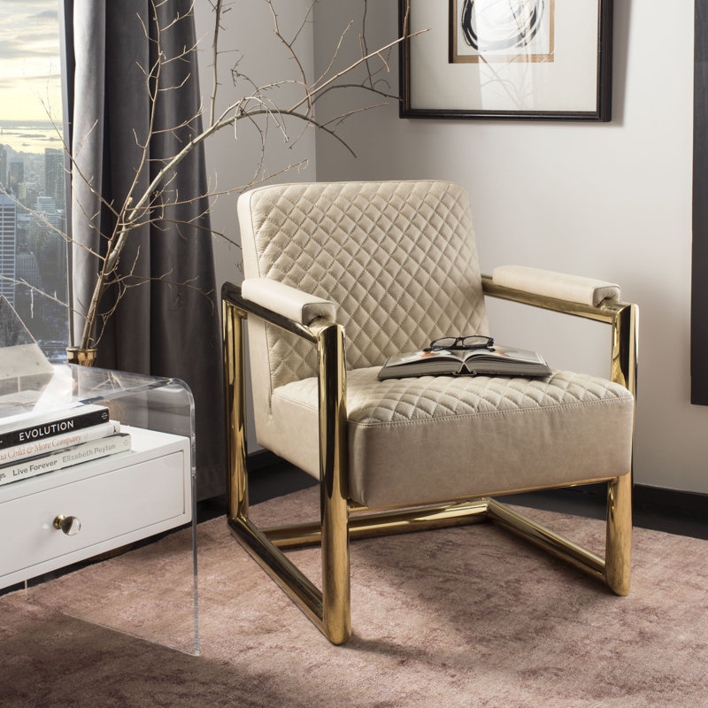 Merlene Cream Leather and Brass Metal Accent Chair