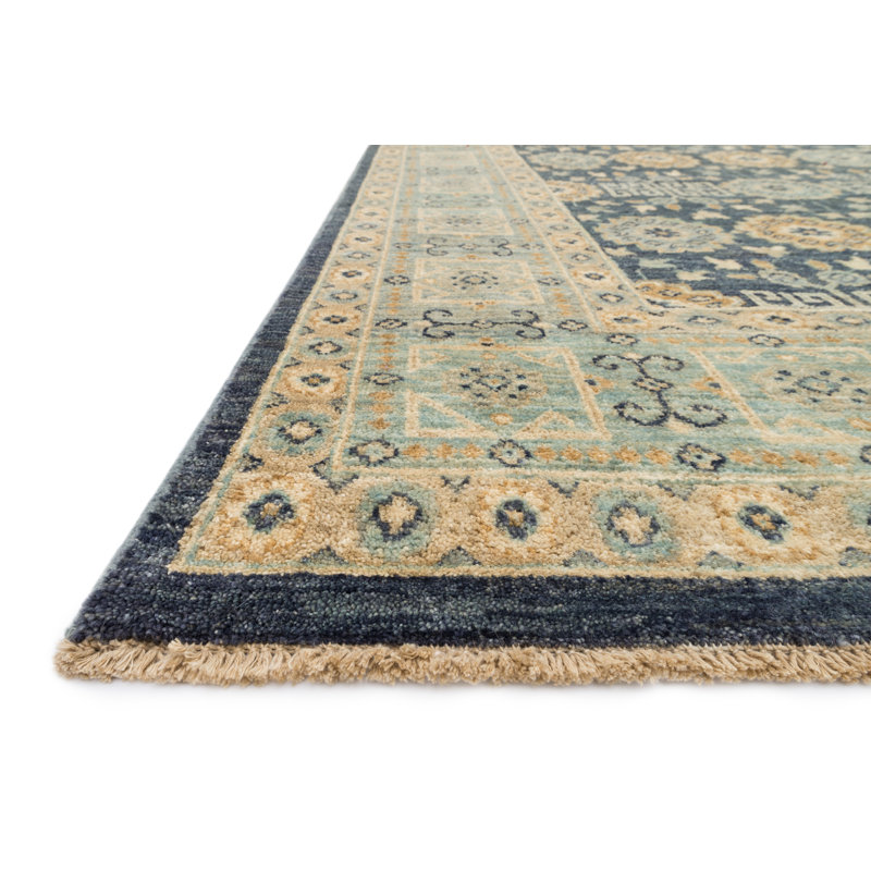 Handmade Indigo and Light Blue Wool Rectangular Area Rug 5'-6" x 8'-6"