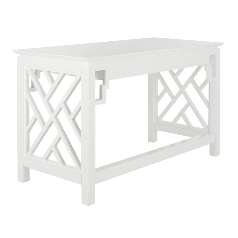 White Wood Writing Desk with Drawer and Lattice Design