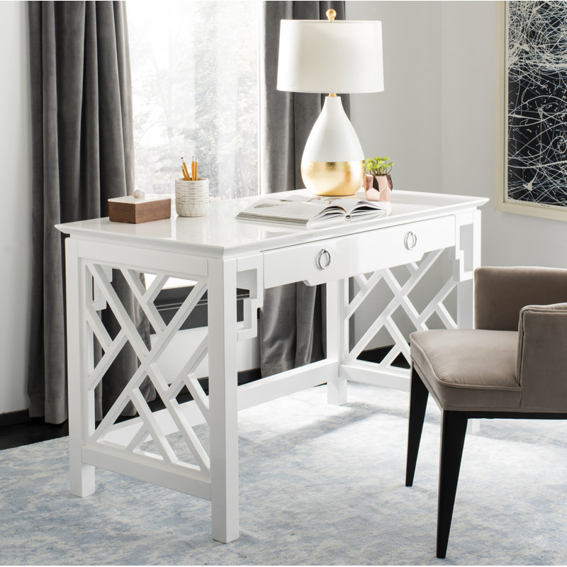 White Wood Writing Desk with Drawer and Lattice Design