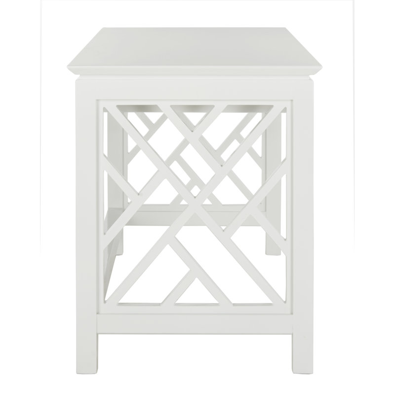 White Wood Writing Desk with Drawer and Lattice Design
