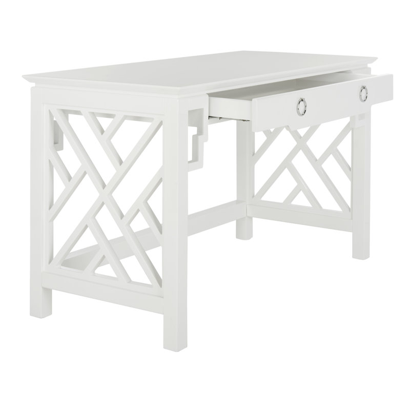 White Wood Writing Desk with Drawer and Lattice Design