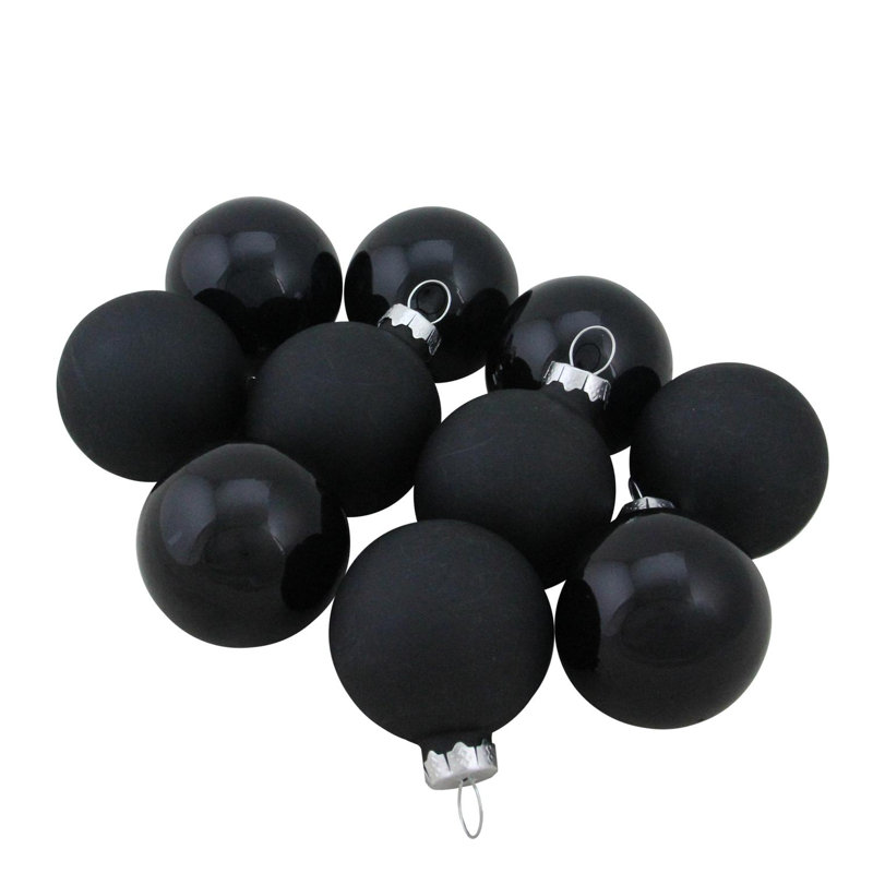 10-Piece Shiny and Matte Black Glass Christmas Ball Ornament Set