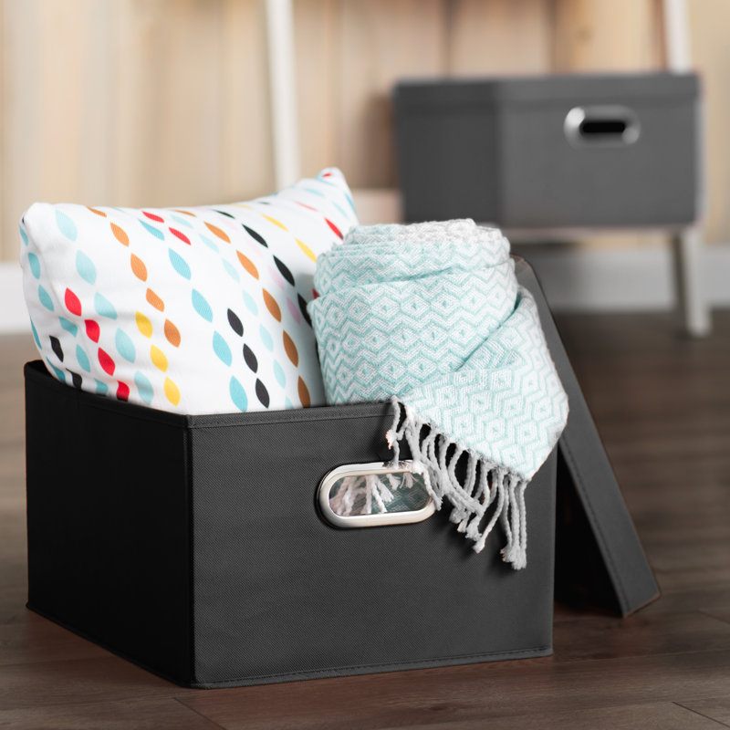 Chic Black Fabric Nested Storage Boxes with Lids, 2-Piece Set