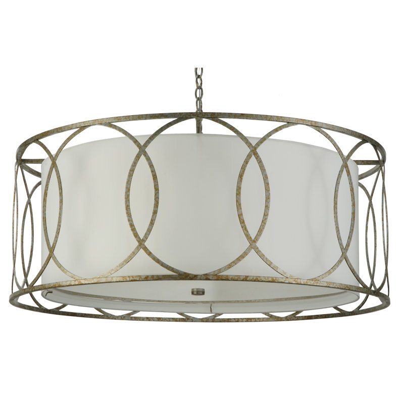 Art Deco Inspired 4-Light LED Drum Chandelier in White and Nickel