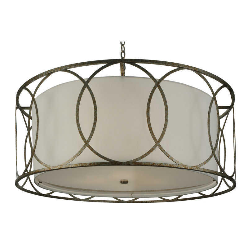 Art Deco Inspired 4-Light LED Drum Chandelier in White and Nickel