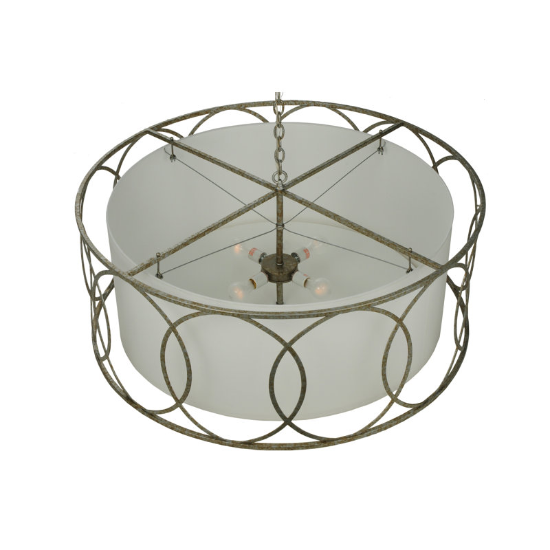 Art Deco Inspired 4-Light LED Drum Chandelier in White and Nickel