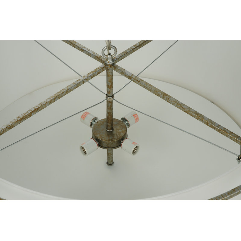 Art Deco Inspired 4-Light LED Drum Chandelier in White and Nickel
