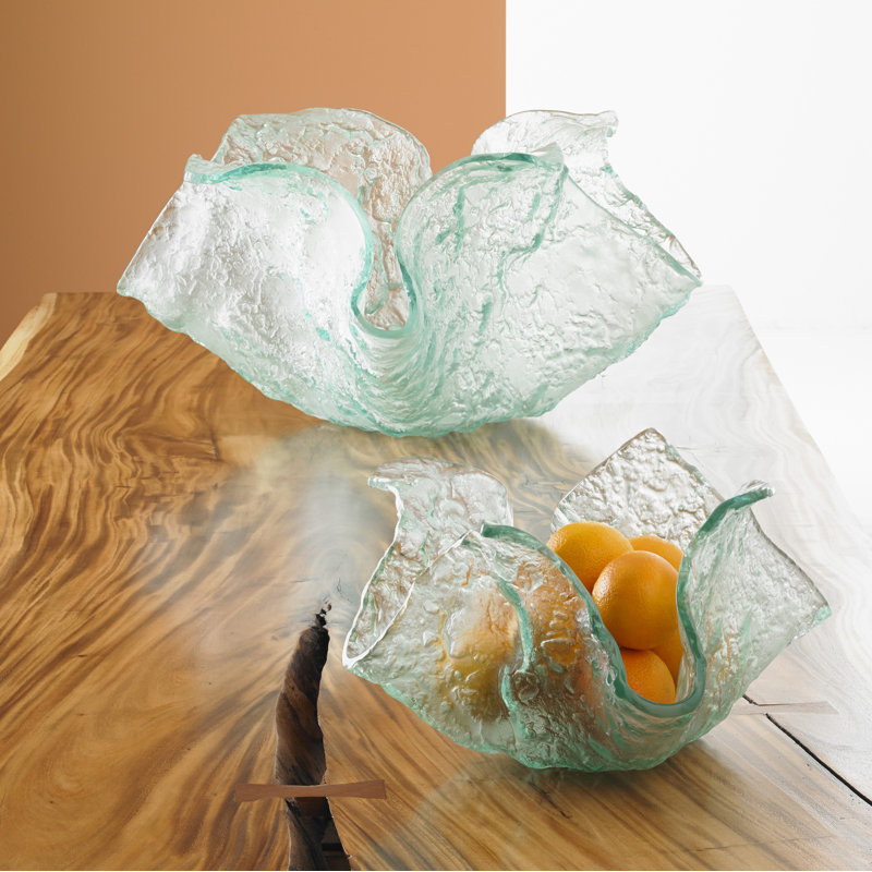 Teal Fluted Edge Bubble Glass Decorative Bowl for Outdoor
