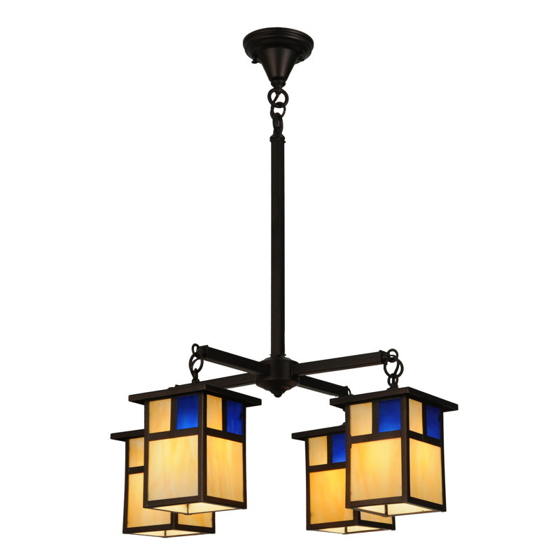 Mahogany Bronze 4-Light Chandelier with Blue and Beige Glass