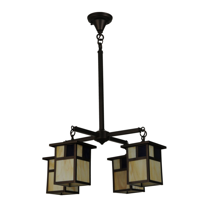 Mahogany Bronze 4-Light Chandelier with Blue and Beige Glass