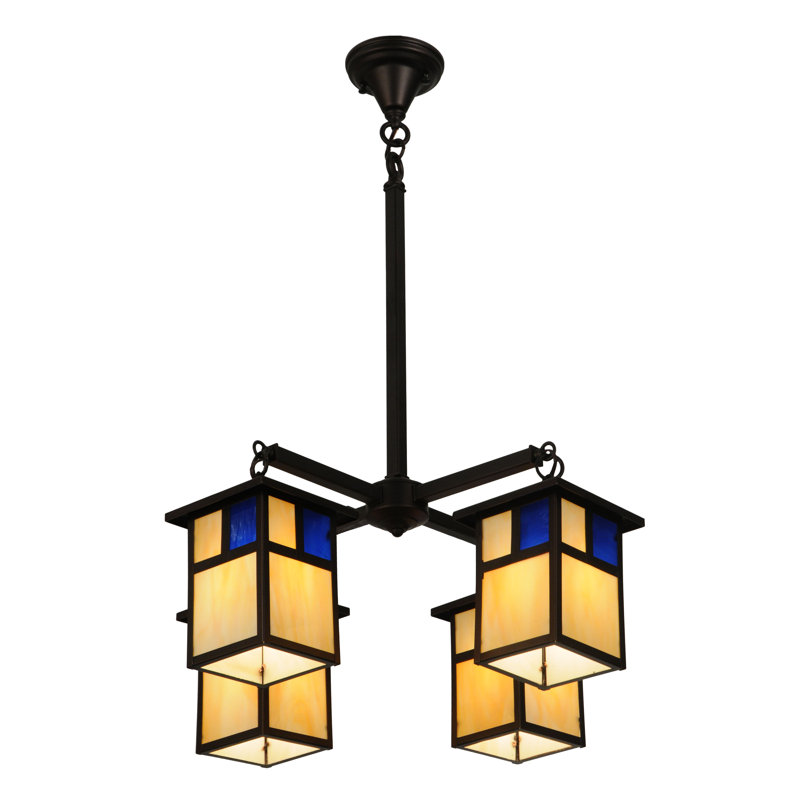 Mahogany Bronze 4-Light Chandelier with Blue and Beige Glass