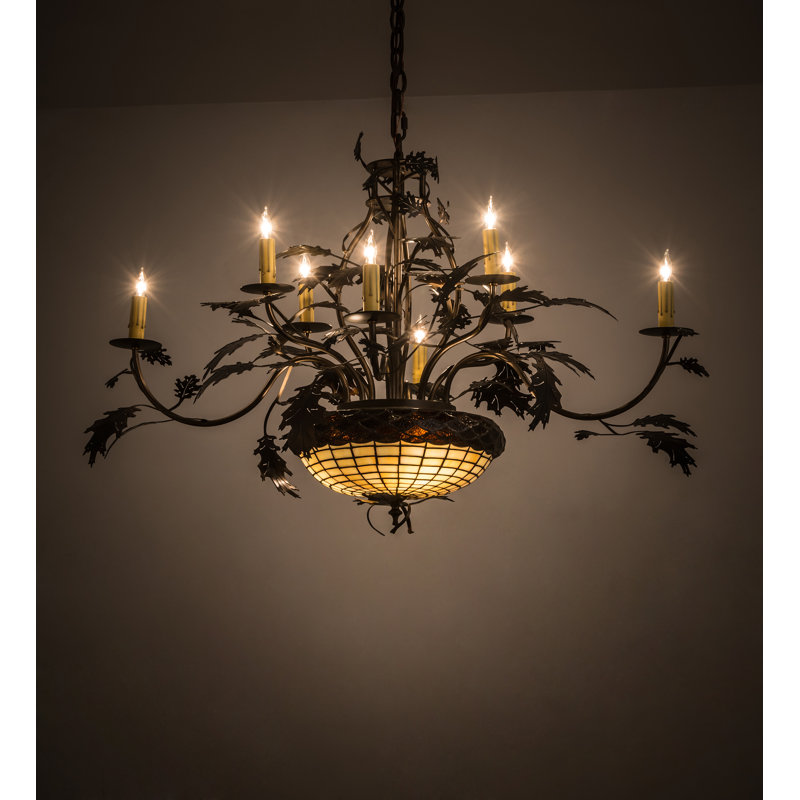 Majestic Oak Leaf 11-Light Antique Copper Chandelier with Ivory Acorn