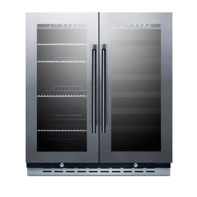 Elegant 33 Bottle Dual Zone Wine and Craft Beer Refrigerator with French Door Swing