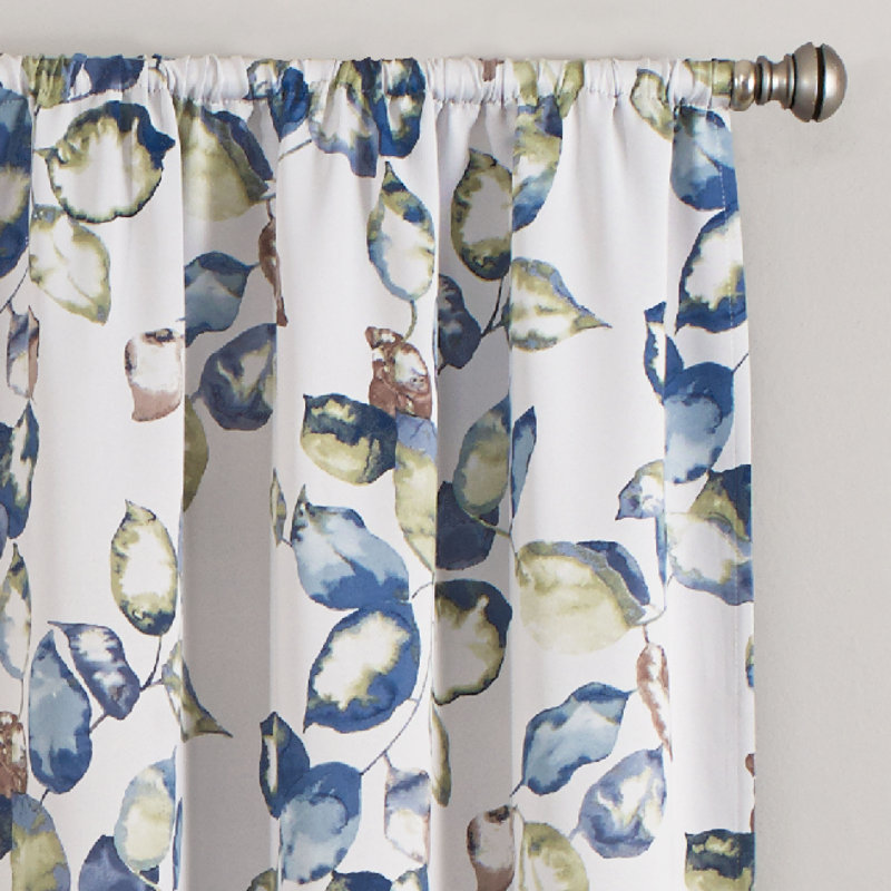 Blue Floral Polyester Room Darkening Curtain Panel