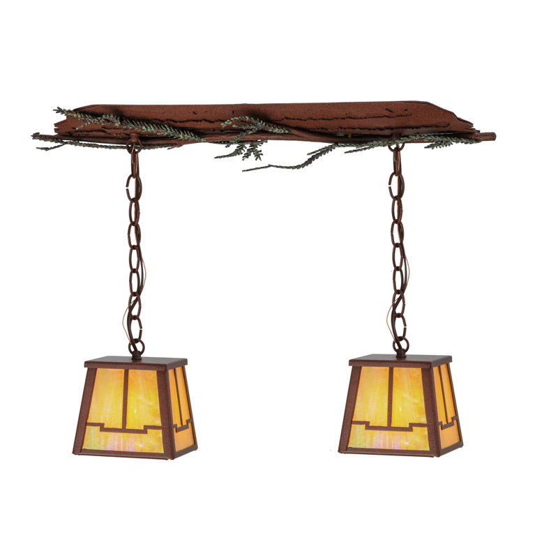Rustic Pine Branch 2-Light Island Pendant with Iridescent Glass
